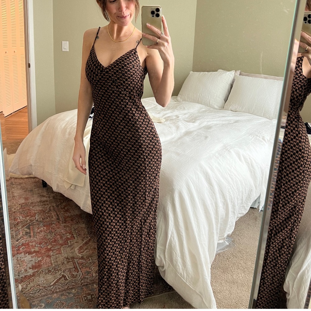 NWT DISSH maxi black and brown geo print cami strap dress